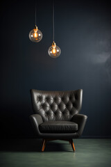 AI generation. Black leather chair against a black wall.