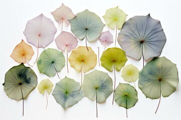 Assortment of lotus leaves on clear background. Generative AI
