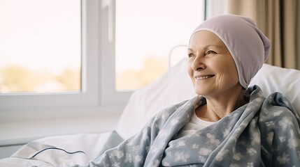 Middle-aged woman with cancer wearing head scarf sits in a wheelchair in a hospital