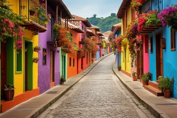 Fototapeta na wymiar Vibrant street in Guatape, historic town of Colombia. Generative AI