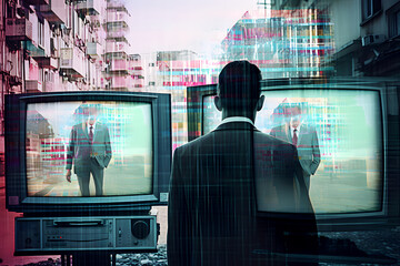 Abstract image on topic of influence of digital media on human consciousness. Picture with broken TV screen and noise of pixelated TV broadcast