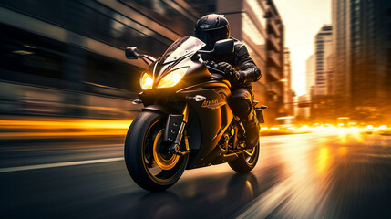 Obraz na płótnie Canvas Sports motorcycle biker rider on blurred city street