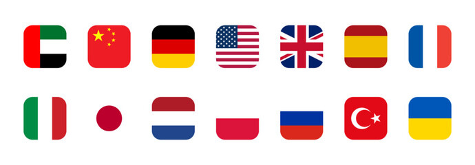 Soft Square Icon Set of UAE United Arab Emirates China Germany USA United States of America UK United Kingdom Spain France Italy Japan Netherlands Poland Russia Turkey Ukraine Flags. Vector Image.