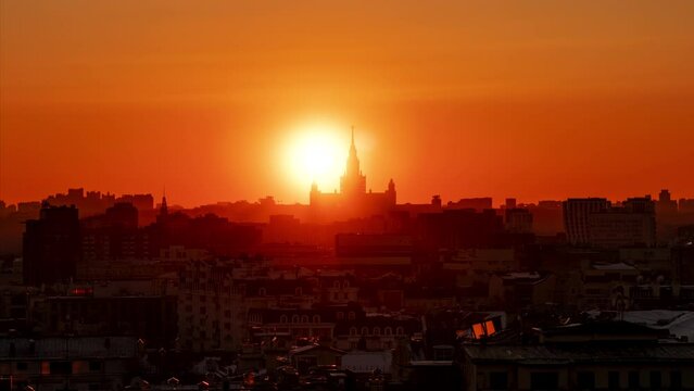 Sunset timelapse over Moscow skyline with Moscow State University (MGU)