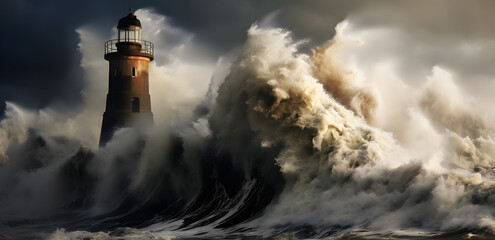 lighthouse getting hit by strong waves in a storm in the ocean - obrazy, fototapety, plakaty