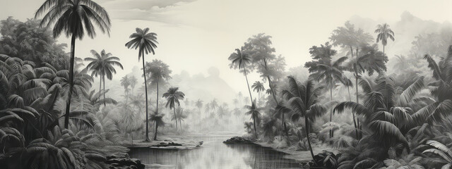 Tropikalny las z palmami nad rzeką.  - obrazy, fototapety, plakaty