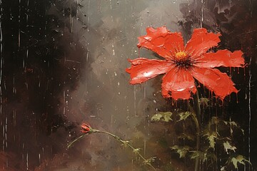 Obraz na płótnie Canvas An oversized flower soaked in rain, with droplets falling from the petals, depicted in an oil painting style. Generative AI