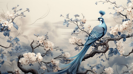 Niebieski ptak paw siedzący na gałęzi z niebieskimi kwiatami.  - obrazy, fototapety, plakaty