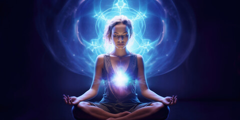 Meditating Woman Surrounded by Magic Lights Abstract Positive Energy. Copy Space Background Banner - obrazy, fototapety, plakaty