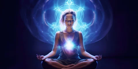 Fotobehang Meditating Woman Surrounded by Magic Lights Abstract Positive Energy. Copy Space Background Banner © fotoyou