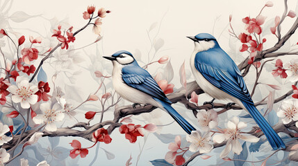 obraz przedstawiający dwa kolorowe ptaki siedzące na gałęzi przy kolorowych kwiatach w japonskim stylu - obrazy, fototapety, plakaty