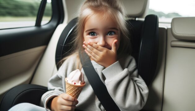 Little pretty blone girl child sitting on a backseat of a car with ice cream with light beige upholstery fastened with black safety belt holding an ice-cream cone