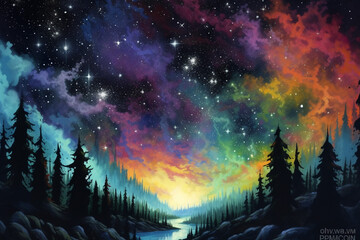 Fototapeta premium Fantasy landscape with forest, river and clouds. Digital painting