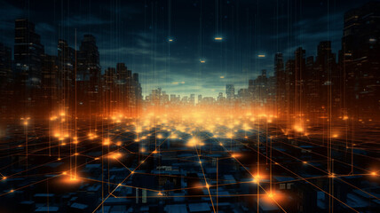 Fototapeta premium 3D rendering of futuristic cityscape with glowing lines and lights.
