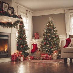 A cozy, luxurious, and modern living room interior with gift boxes under a decorated Christmas tree