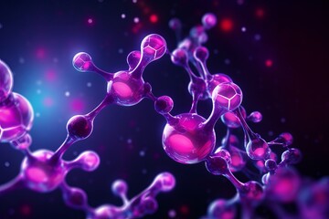 3d molecules in neon purple and pink colors on a dark background - obrazy, fototapety, plakaty