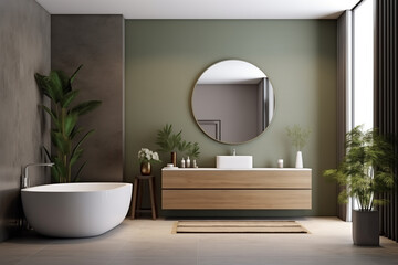 Fototapeta premium Minimalist bathroom interior with round mirror, decorated with green plants. 