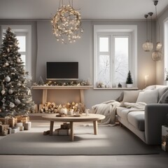 A cozy, luxurious, and modern living room interior with gift boxes under a decorated Christmas tree