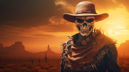 Skeleton cowboy with hat and desert background, copy space, 16:9 - obrazy, fototapety, plakaty