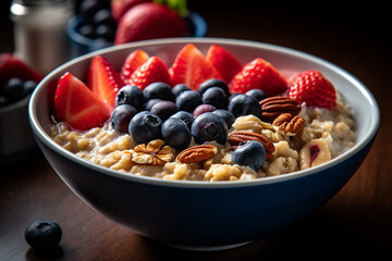 Oatmeal with fresh berries and nuts in bowl on wooden table.