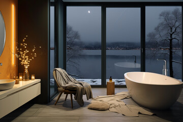 Minimalist bathroom interior with a large window. Winter lake view. Candles.