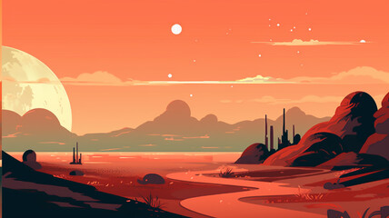 Fototapeta na wymiar Sunset in the desert with mountains and trees. Vector illustration.