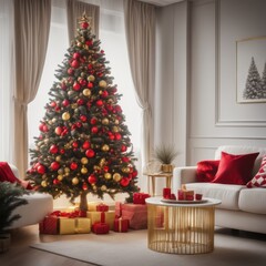 A cozy, luxurious, and modern living room interior with gift boxes under a decorated Christmas tree