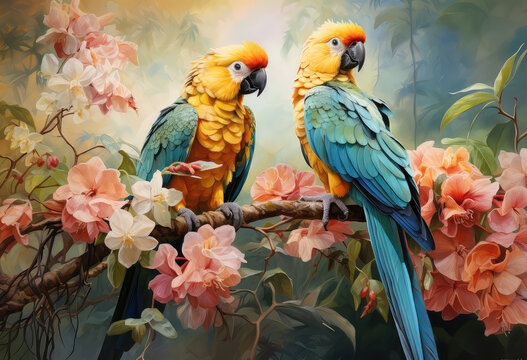 Dwie ż&oacute;łto niebieskie papugi siedzące na gałęzi 