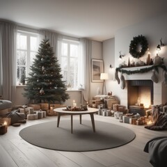 Fototapeta na wymiar A cozy, luxurious, and modern living room interior with gift boxes under a decorated Christmas tree