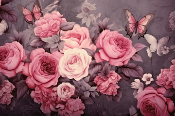 Różowe róże w styl akwareli z latającymi motylami w tle.  - obrazy, fototapety, plakaty