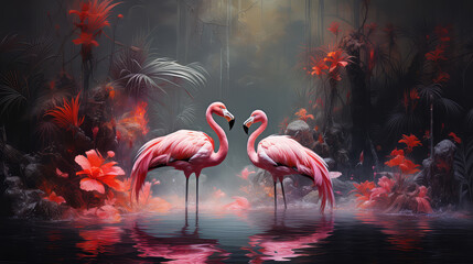 Zakochane różowe flamingi w egzotycznym lesie. Sztuka cyfrowa w stylu wodnych farb akwarelowych.  - obrazy, fototapety, plakaty