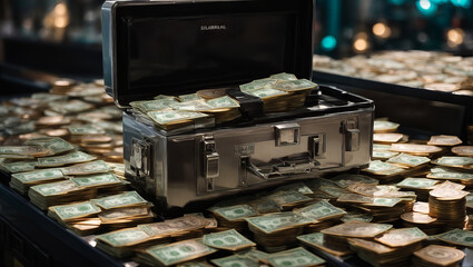 A full suitcase filled with dollar bills in a vault