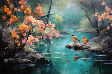 Dwa pomarańczowe ptaki siedzące nad strumykiem. Obraz w stylu akwareli. 