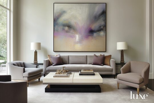 Contemporary living room with framed artwork. Generative AI