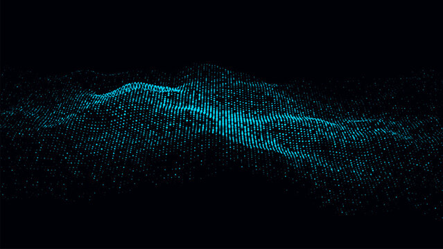Digital halftone wave on the dark background. Abstract modern blue structure, network connection. Big data visualization. Vector illustrations.