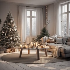 A cozy, luxurious, and modern living room interior with gift boxes under a decorated Christmas tree