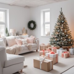 A cozy, luxurious, and modern living room interior with gift boxes under a decorated Christmas tree