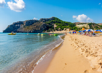 Tsampika sandy beach on Rhodes island, Greece - obrazy, fototapety, plakaty