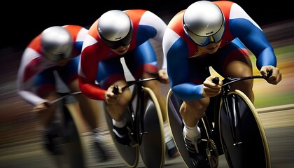 Three olympic cyclists racing full throttle for gold - obrazy, fototapety, plakaty