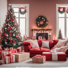 A cozy, luxurious, and modern living room interior with gift boxes under a decorated Christmas tree