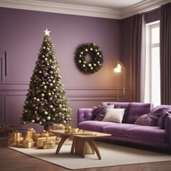 A cozy, luxurious, and modern living room interior with gift boxes under a decorated Christmas tree