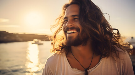 happy man with long hair and beard smiling and having fun on vacation by the sea in Italy