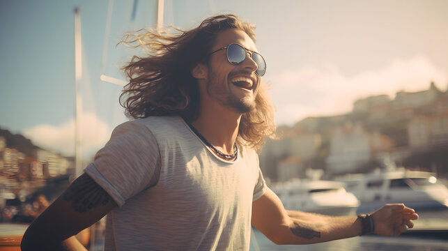 happy man with long hair and beard smiling and having fun on vacation by the sea in Italy - Powered by Adobe