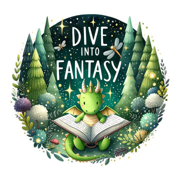 A whimsical green dragon engrossed in reading a book amidst a magical forest under a starry night with the phrase Dive into Fantasy