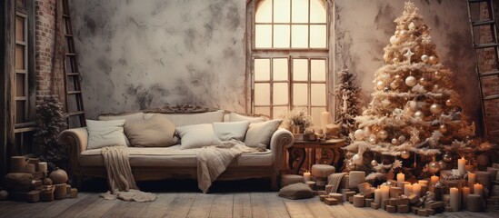 Christmas tree indoor in a cozy boho living room filled with many sofa pillows representing the slow living concept
