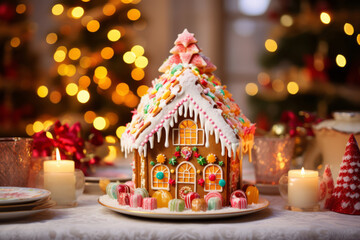 Fototapeta premium Little gingerbread house with glaze standing on dinner table with Christmas decorations and candles. Living room with lights and Christmas tree.