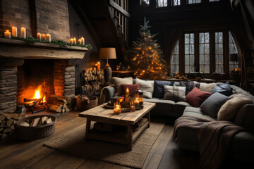 Naklejka premium Cozy dark rustic living room with big comfy armchair, knitted blanket and a fireplace, decorated for Christmas.