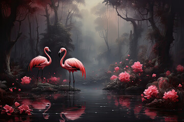 Dwa różowe flamingi w dżungli otoczone drzewami i różowymi kwiatami nad strumykiem.  - obrazy, fototapety, plakaty