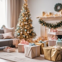 Obraz premium A cozy, luxurious, and modern living room interior with gift boxes under a decorated Christmas tree