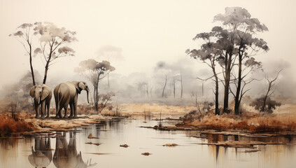 Afrykańska sawanna z rodziną słoni nad źródłem wody.  - obrazy, fototapety, plakaty